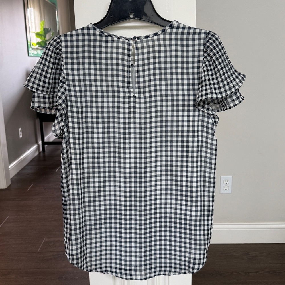 Ann Taylor Navy & White Gingham Flutter Sleeve Top XS - Picture 5 of 8